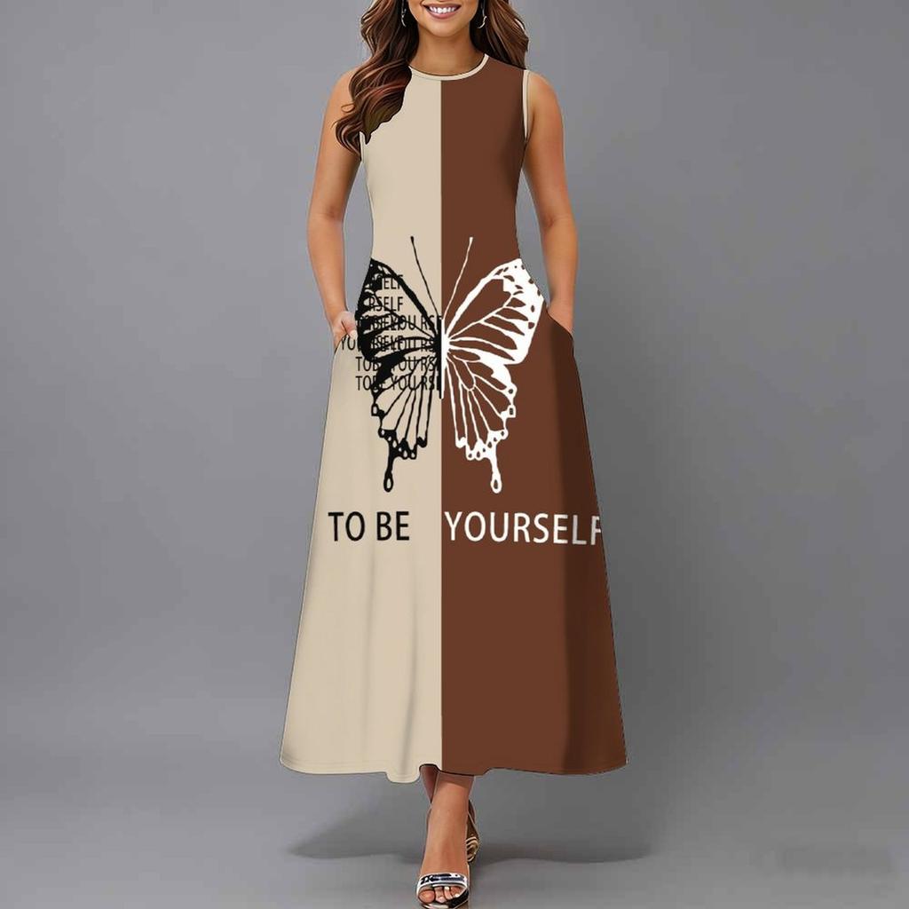 Plus Size Women Sleeveless Round Neck Dress Fresh Tiny Ditsy Floral Flowy Mid Length Gown