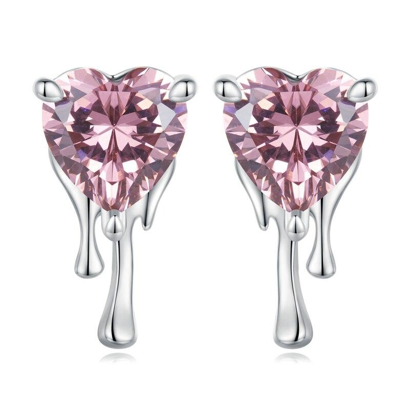 

WOSTU стерлингового серебра 925 пробы с розовым кристаллом и сердцем, свадебные серьги-гвоздики для женщин, блестящие циркониевые серьги с кисточками, ювелирные изделия на день Святого Валентина 925 silver