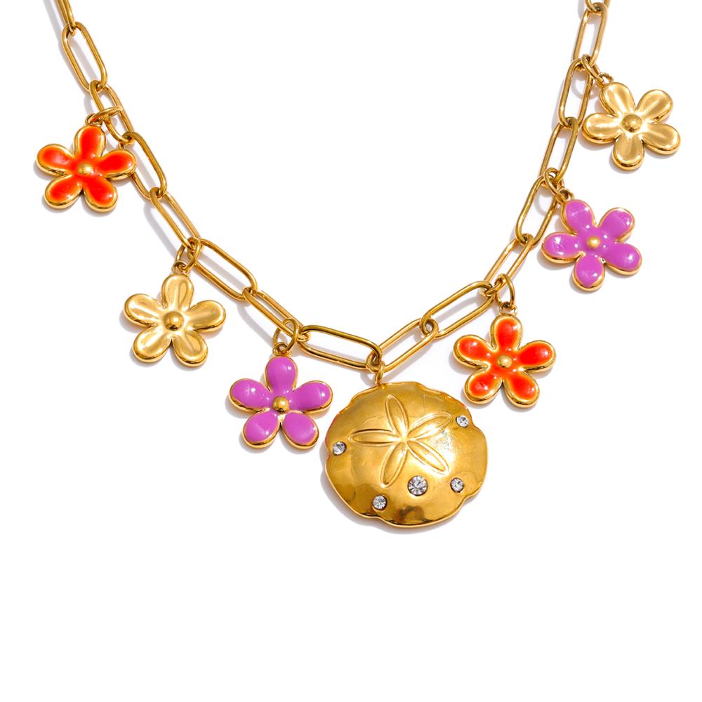 

Yhpup Red Purple Enamel Flower Pendant Fashion Necklace Golden Stainless Steel Tarnish Resistant Waterproof Trade Jewelry Gift