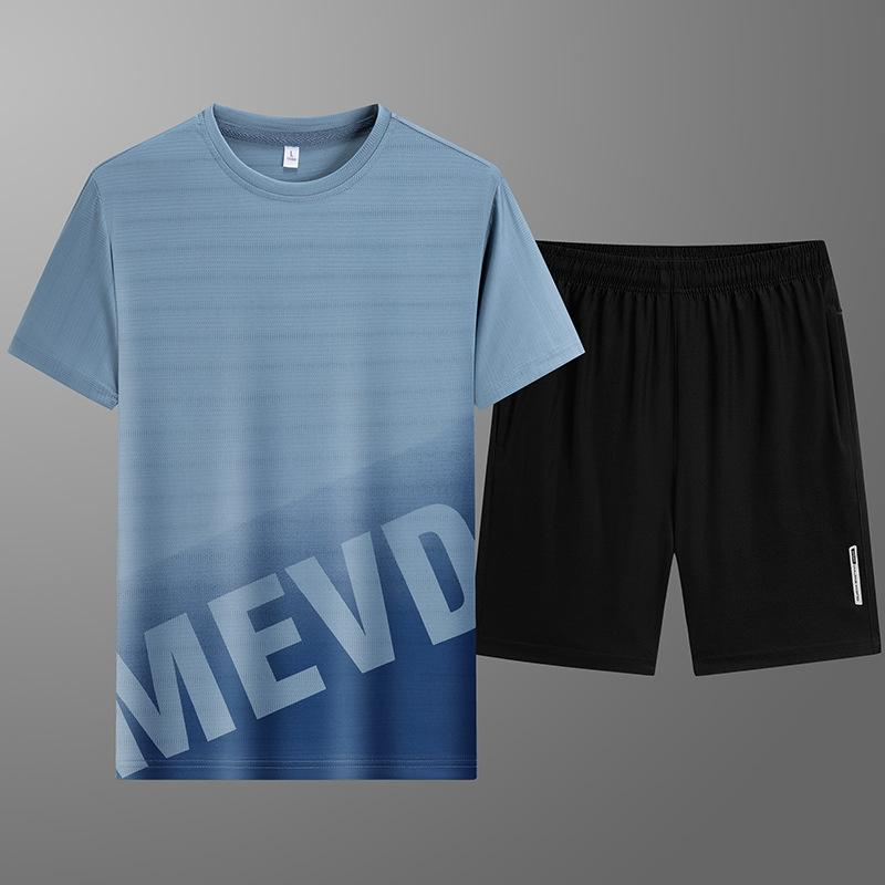 Pánské letní dvoudílné kalhoty s krátkým rukávem z ledového hedvábí, ležérní sportovní set, pánské tričko s krátkým rukávem, kraťasy