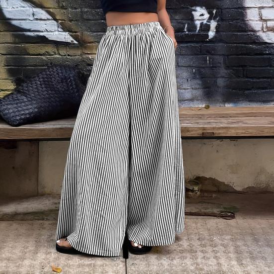 Women Pants with Pockets, Casual Wide Leg Trousers with Elastic Waist, Loose Fit Striped Print Pants for Everyday Wear