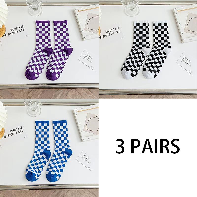 3 Pairs Women Cotton Socks Funny Black White Squares Plaid Casual Socks Breathable Middle Tube Socks
