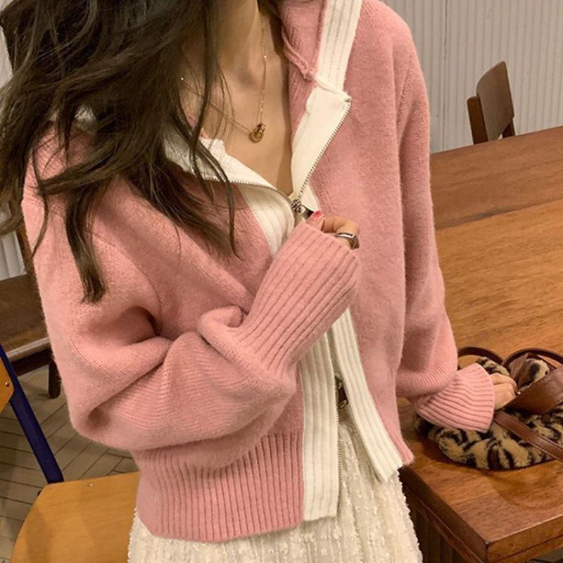 Autumn and winter double zipper color matching sweater women's jacket new knitted hooded lazy casual loose cardigan