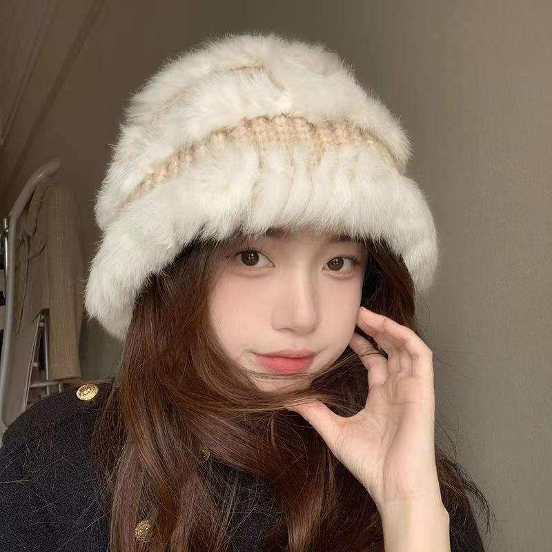 Warm Rabbit Fur Dome Hat Trendy Warm Furry Ear Flap Hat Fashionable Rabbit Fur Blend Hat