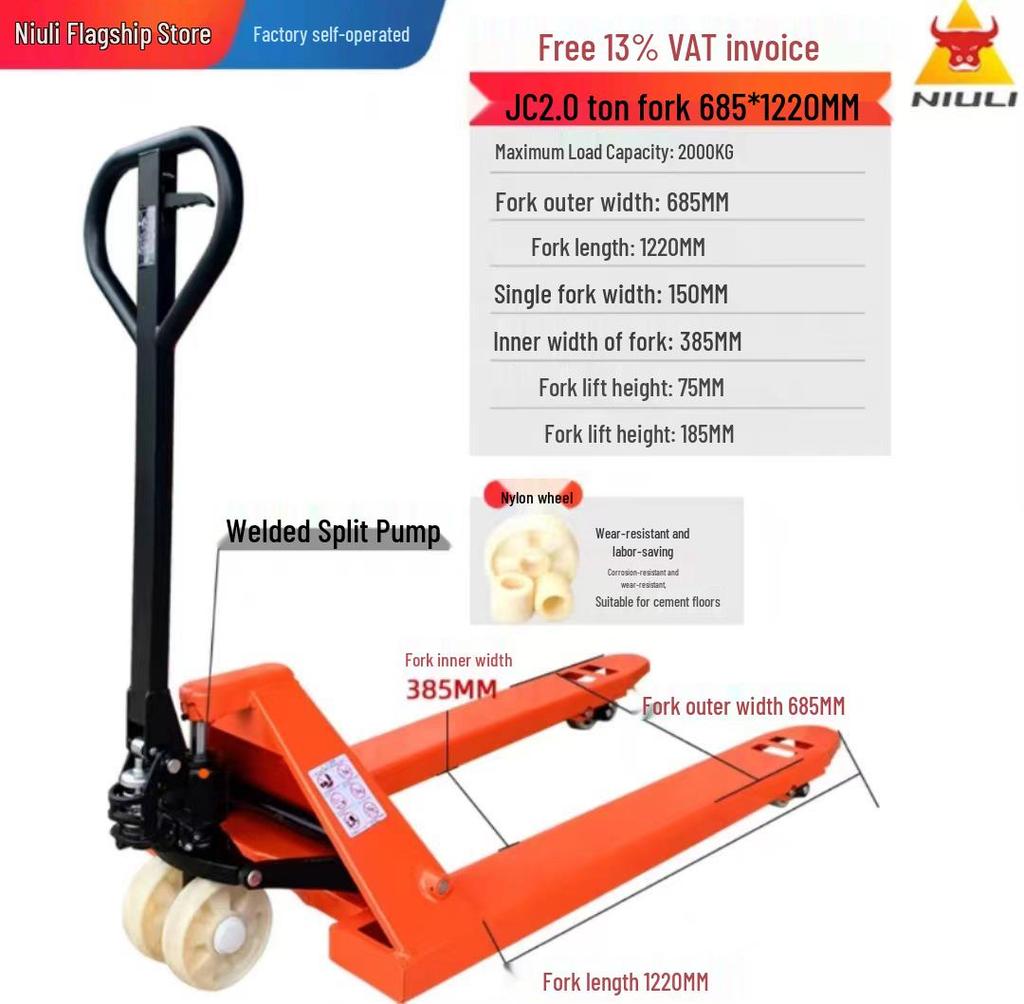 Niuli Hydraulic Manual Forklift: 2/3 Ton Pallet Jack with Hand Crank Lift and Push/Pull Cart