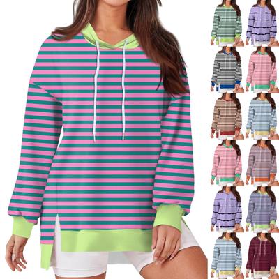 Damen Modischer Lässiger Hoodie Langarm Kordelzug Pullover Gestreiftes Patchwork Bedruckt Locker Schlitz Sweatshirt