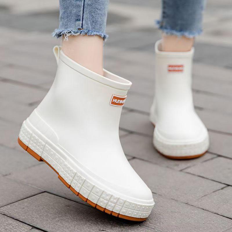 2026 New Women's High Top Rain Shoes Thick Sole Non Slip Waterproof Slip On Flat Sole Kitchen Work Shoes Ankle Garden Shoes
