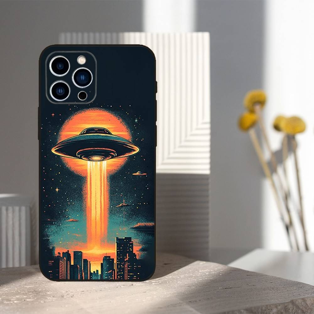 Space Art UFO Alien Thing Phone Case For iPhone 16,15,14,17,13,12,11 Plus,Pro Max,XS,X,XR,SE,Mini,8,7,Soft Silicone Black Cover