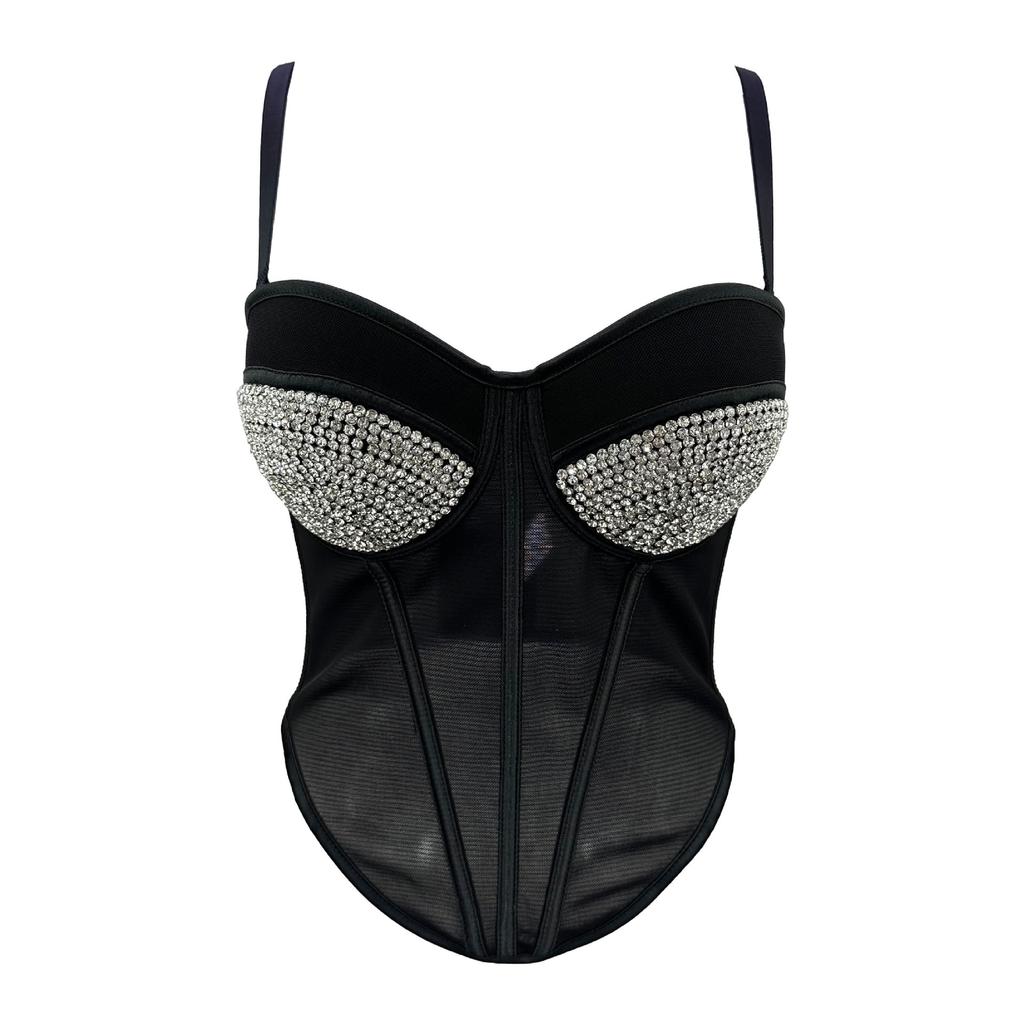 Heavy-duty Crystal Bead Mesh Tank Top Women's Inner Layer Design-oriented Short-sleeve Sexy Fishbone Outerwear Strapless Top Camis & Tank Tops