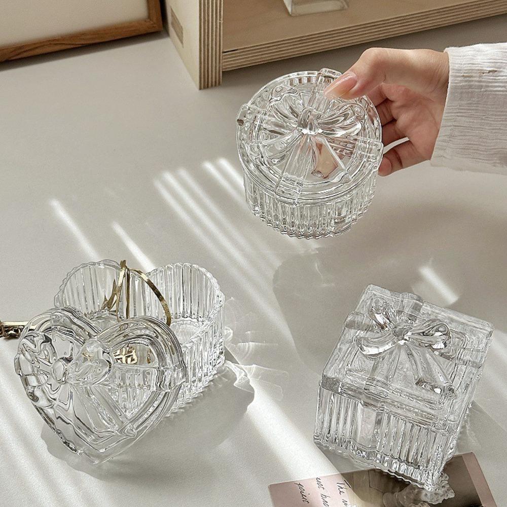 Decor Bowknot Jewelry Storage Box Crystal Glass Heart-Shaped Glass Jewelry Holder with Lid Transparent Earrings Gift Boxes