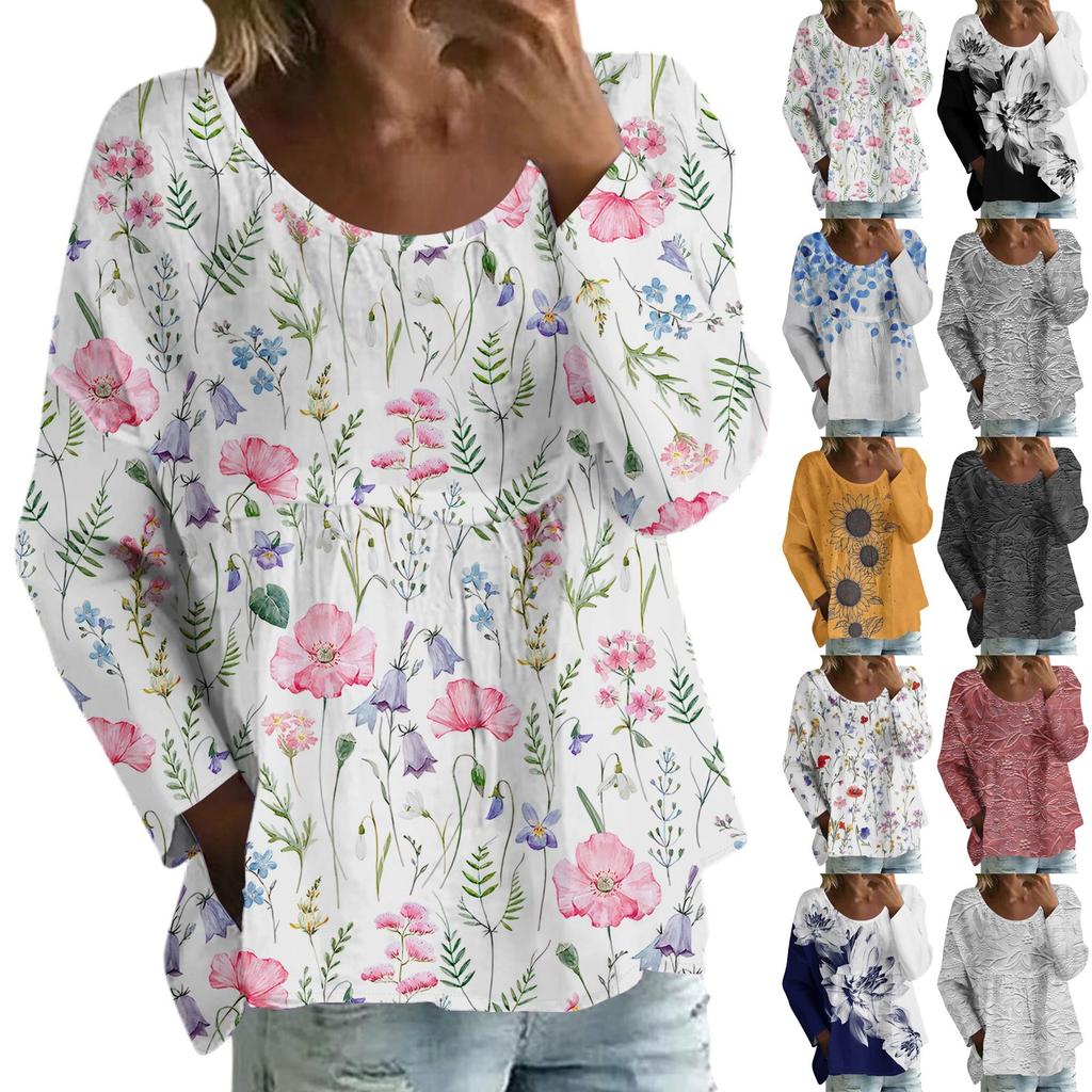 Women's Casual Fashion Loose Round Neck Floral Print Long Sleeve Top
