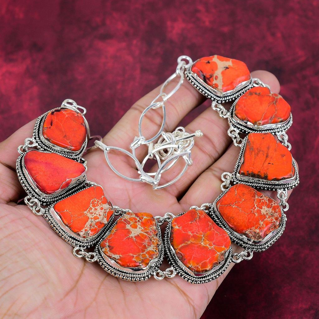 Orange Sea Sediment 925 Solid Sterling Silver Necklace with Adjustable Chain, Handmade Gemstone Jewelry Necklace For Memorial Day