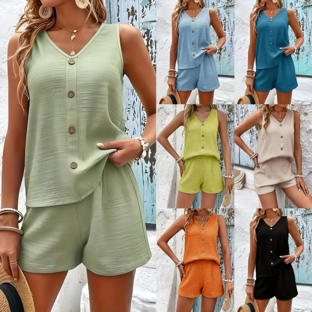 Loose V-neck Sleeveless Button Vest Solid Color Casual Shorts Two Piece Set Summer Outfit