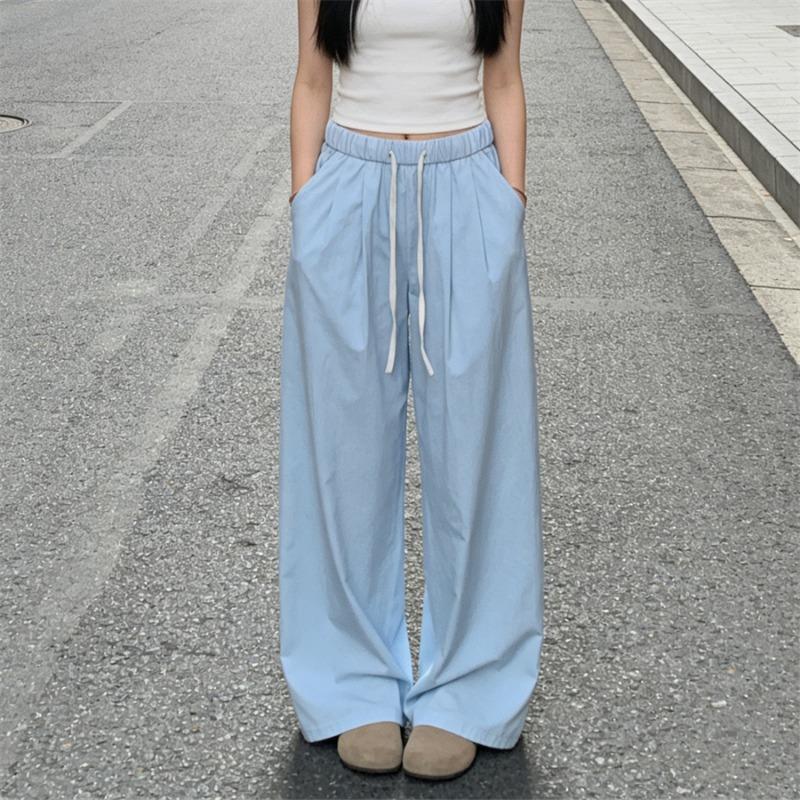 New Loose Women's Wide-leg Pants Drawstring Autumn Casual Long Pants Spring Summer Women's Lace-up Elastic Waist Solid Color Wide-leg Pants