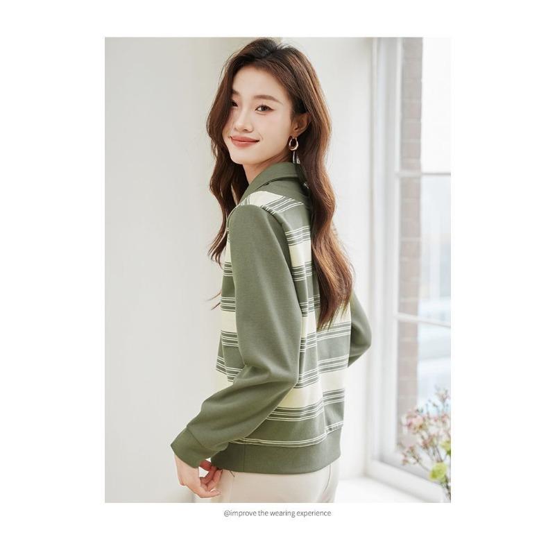 Women's Olive Green Stripe Knit Sweater Polo Collar Long Sleeve Loose Fit Casual Top