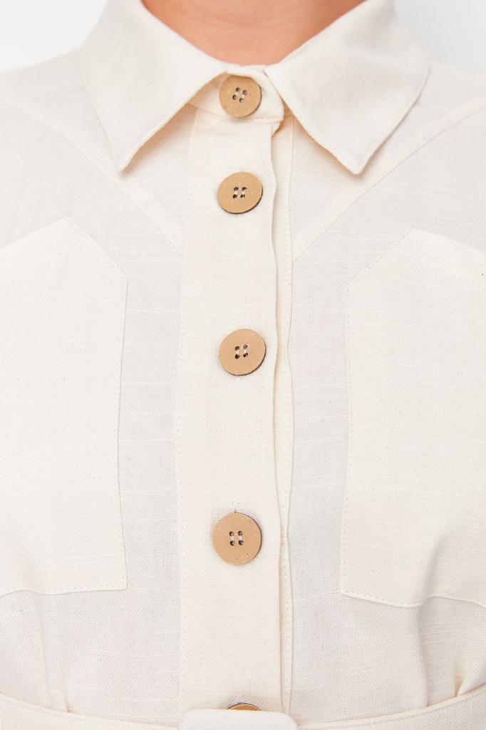  Women's Plus Size Dress Beige Linen Look Belted Buttoned Shirt Dress