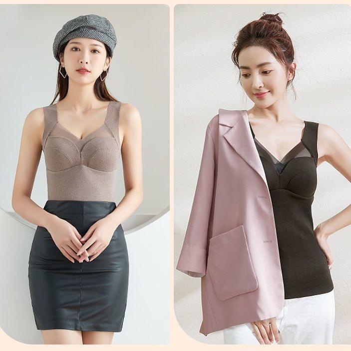 Winter Women's Velvet Thermal Vest Sleeveless Thermal Underwear with Bra Pads Sleeveless Bottoming Shirt Fleece Undershirt with Bra Pads