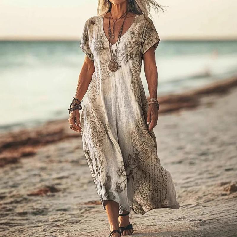 2026 Summer Women's Dress Short-sleeved Retro Shuttle Printed V-neck Casual Fashion Beach Long Skirt