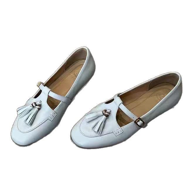 Cowhide Version~ Retro Tassel One-word Buckle Low-heeled Mary Jane Small Leather Shoes Women's Shallow Mouth Shoes Round Head Flat-soled Single Shoes