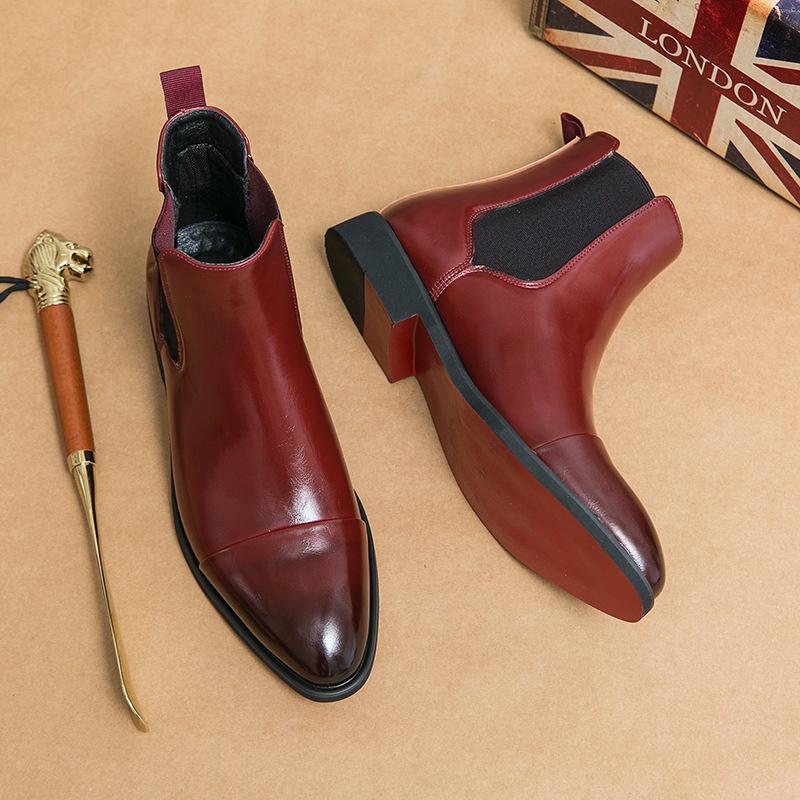 Men's Large Size Red Leather Pointed Toe Slip-On Chelsea Boots - Autumn/Winter Dr. Martens