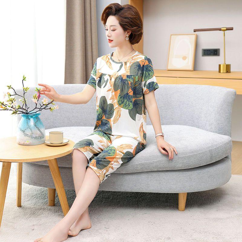 Middle Aged and Elderly Mothers Pajamas Women's Short Sleeved Home Clothing Spring and Autumn Sets Summer Oversized Loose Fitting