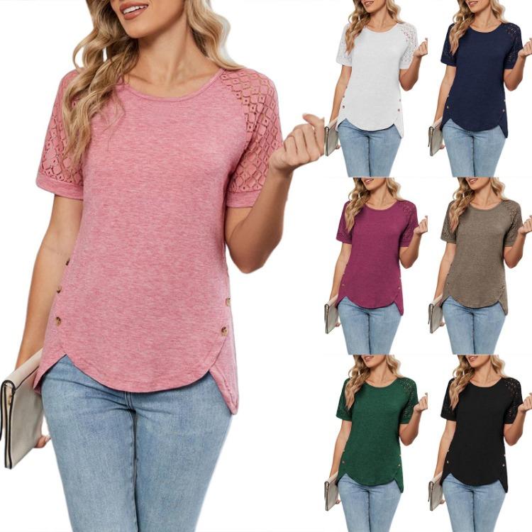 Women's Fashion Casual T Shirt Spring Summer Short Sleeve Round Neck Lace Tops New
