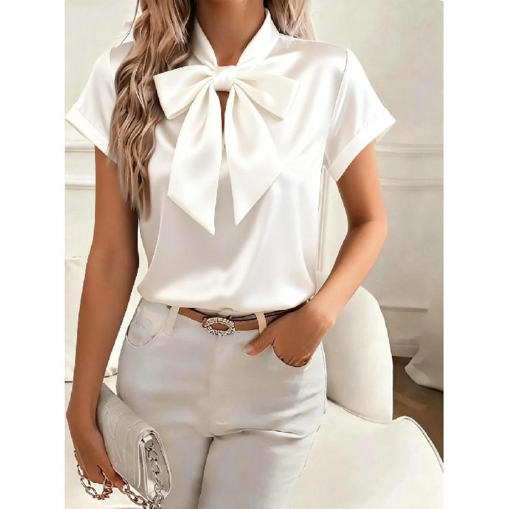 2026 Spring/Summer Solid Color Women's Short Sleeve Bow Satin Blouse Shirt Top