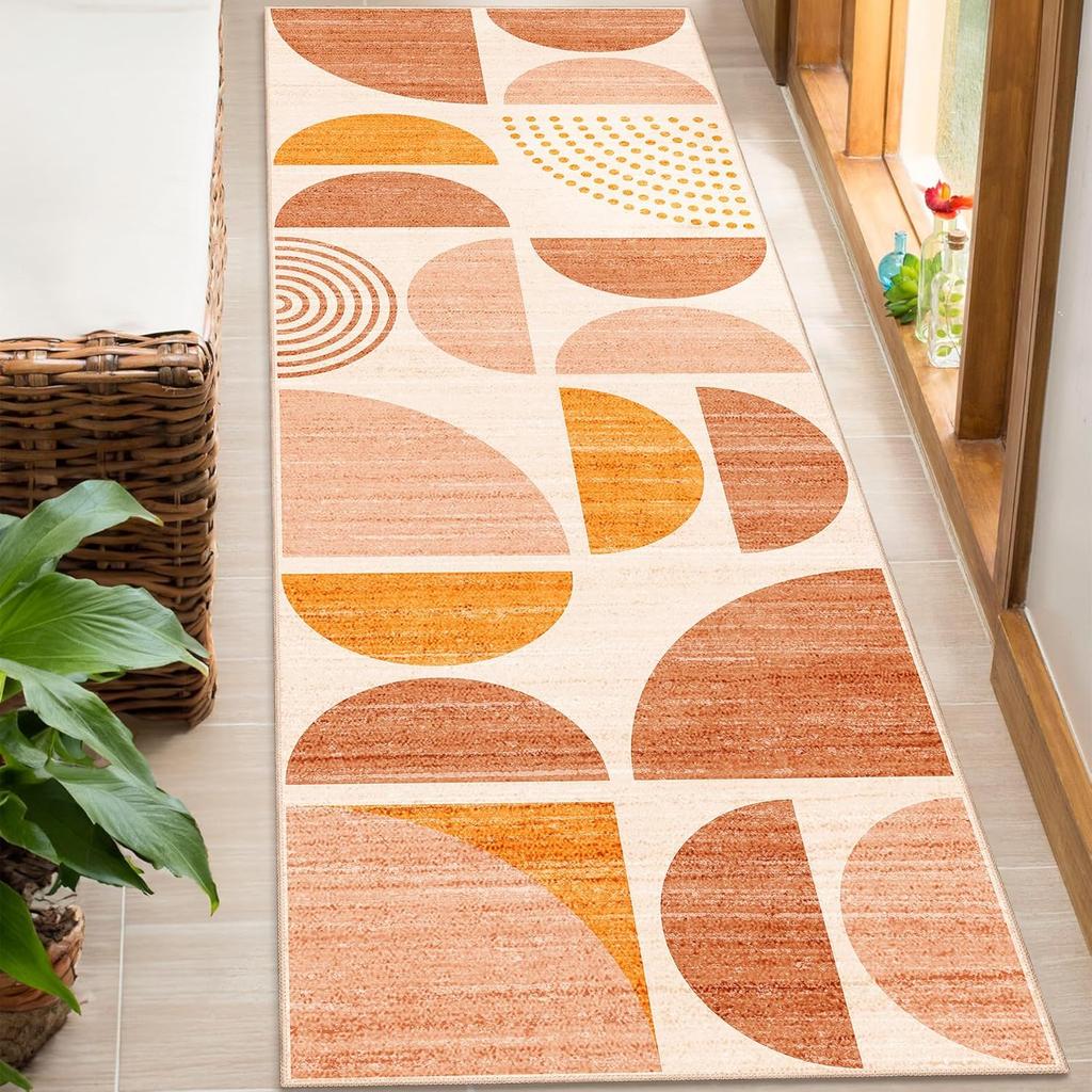 Minimalist Geometric Hallway Rug - Non-Slip Washable Kitchen Runner, Semi-Circle & Stripe Floor Mat for Mid-Century Home Decor