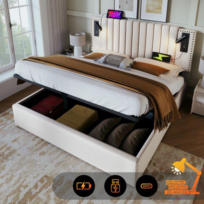 Lit Rembourré 140x200 - MUVOE - Beige - Lampe De Lecture USB - Tête De Lit Réglable - Vintage