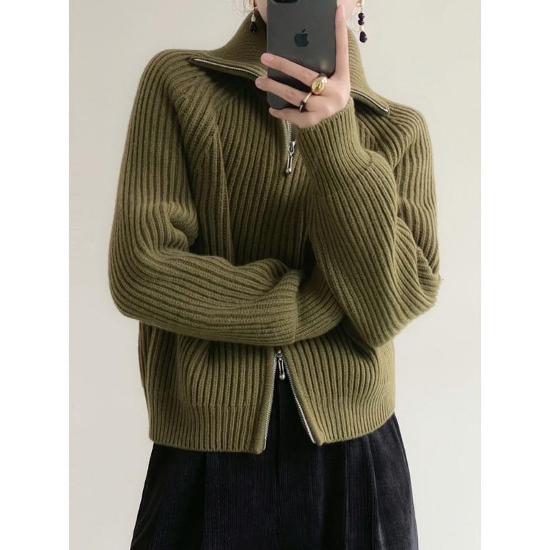 Lapel Double Zipper Sweater Jacket for Women's Autumn and Winter New Gentle Wind Soft Waxy Stand-up Neck Knitted Cardigan Top for Women