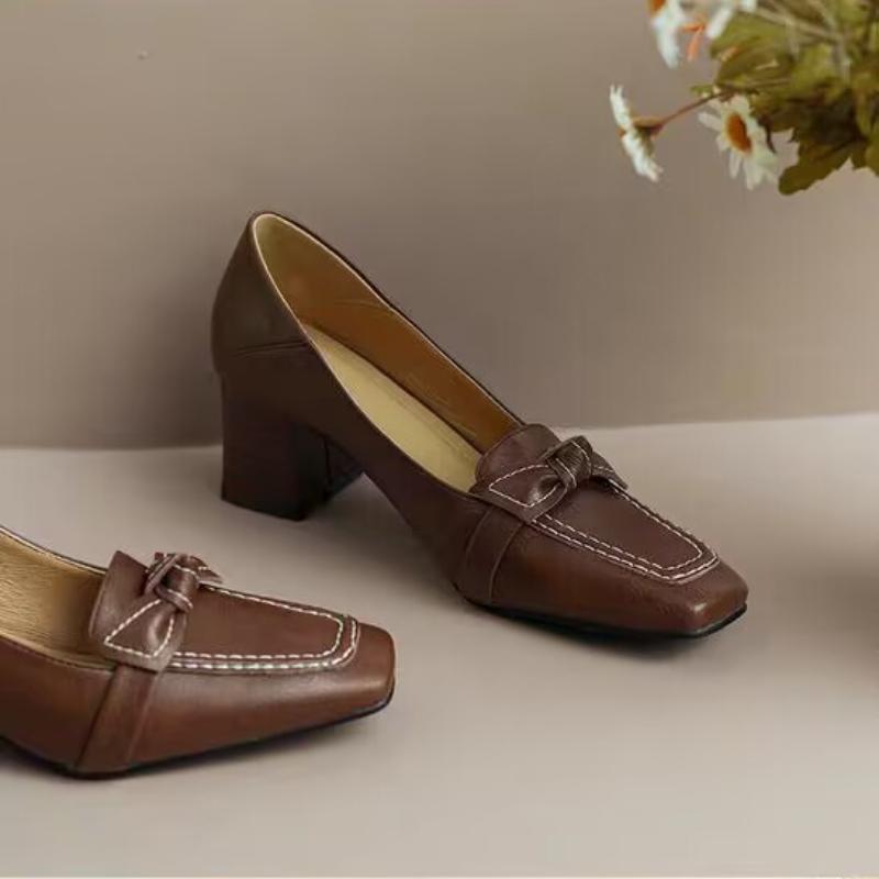 Women Retro Bowknot High Heels Spring Autumn Fashion Elegant Square Toe Stiletto Chunky Heels Pumps Party Dress Casual Shoes