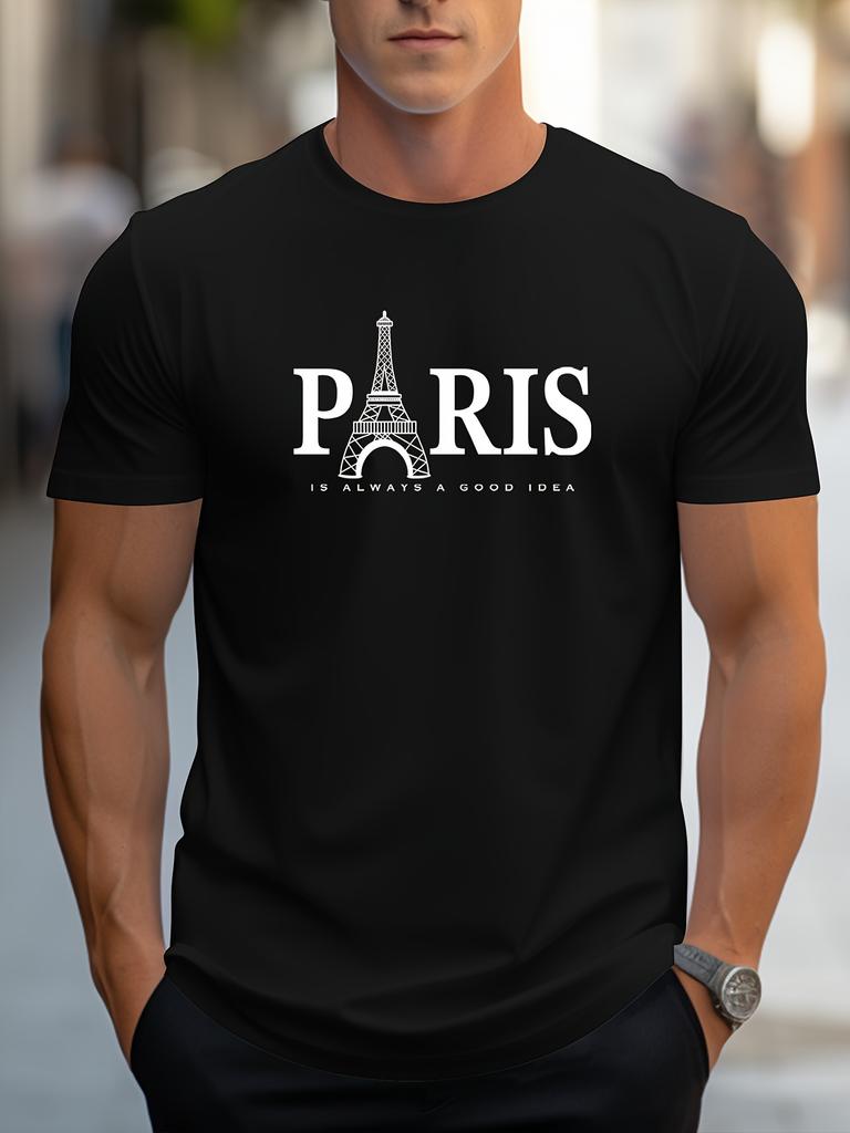 Summer Loose Size PARIS Letter Print T-shirt Casual and Comfortable Round Neck Short Sleeve T-shirt Men's Cotton Short Sleeve