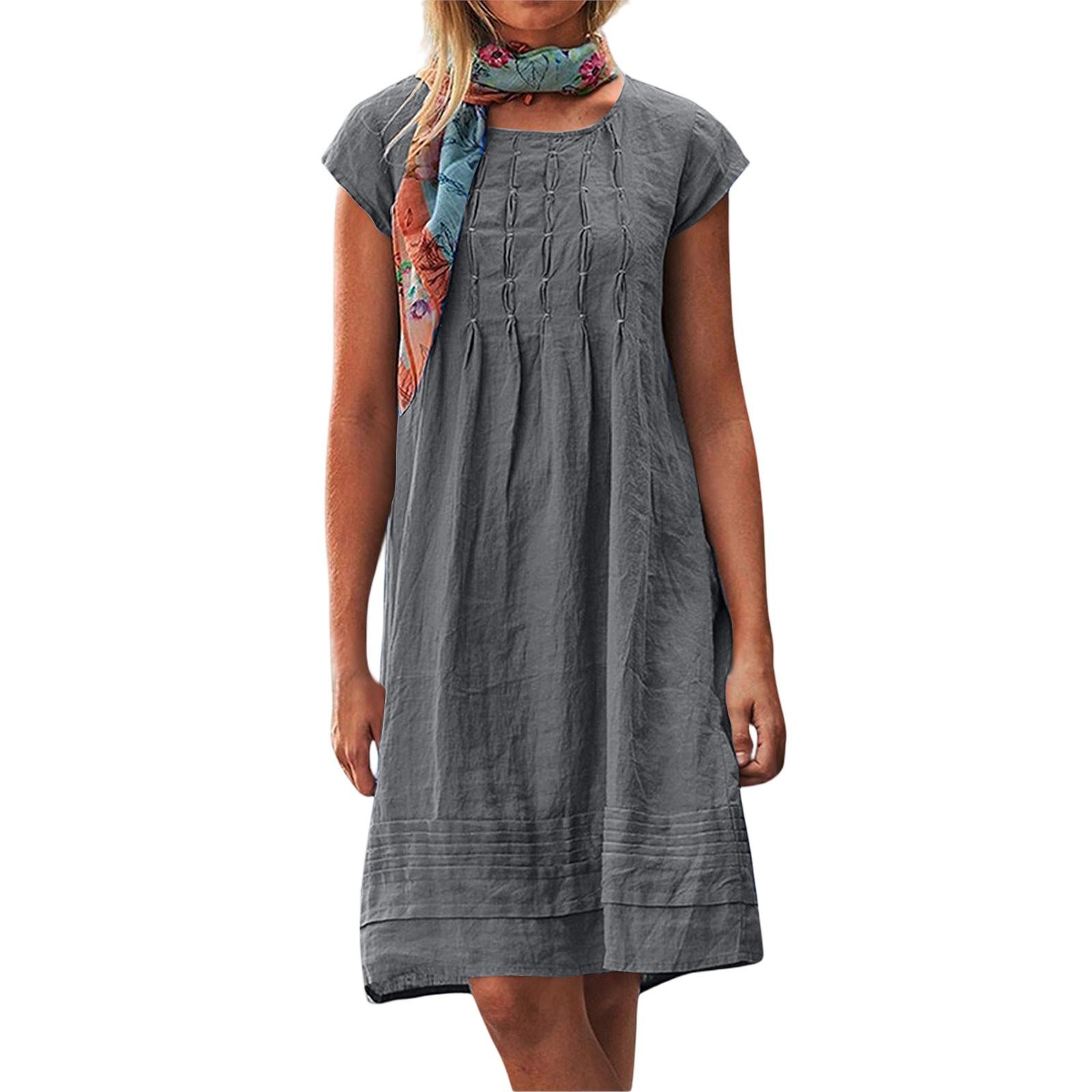 

Women s Casual Loose O Neck Short Sleeve Wrinkles Elegant Linen Swing Dresses XL