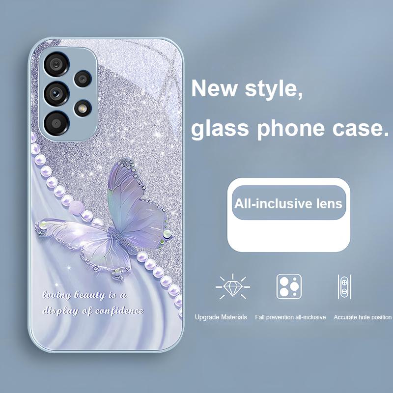 Pearl Butterfly Gradient For Samsung Galaxy S23 24 Plus S20 21 FE S25 Ultra A70 72 73 51 52 53 Tempered Glass Phone Case