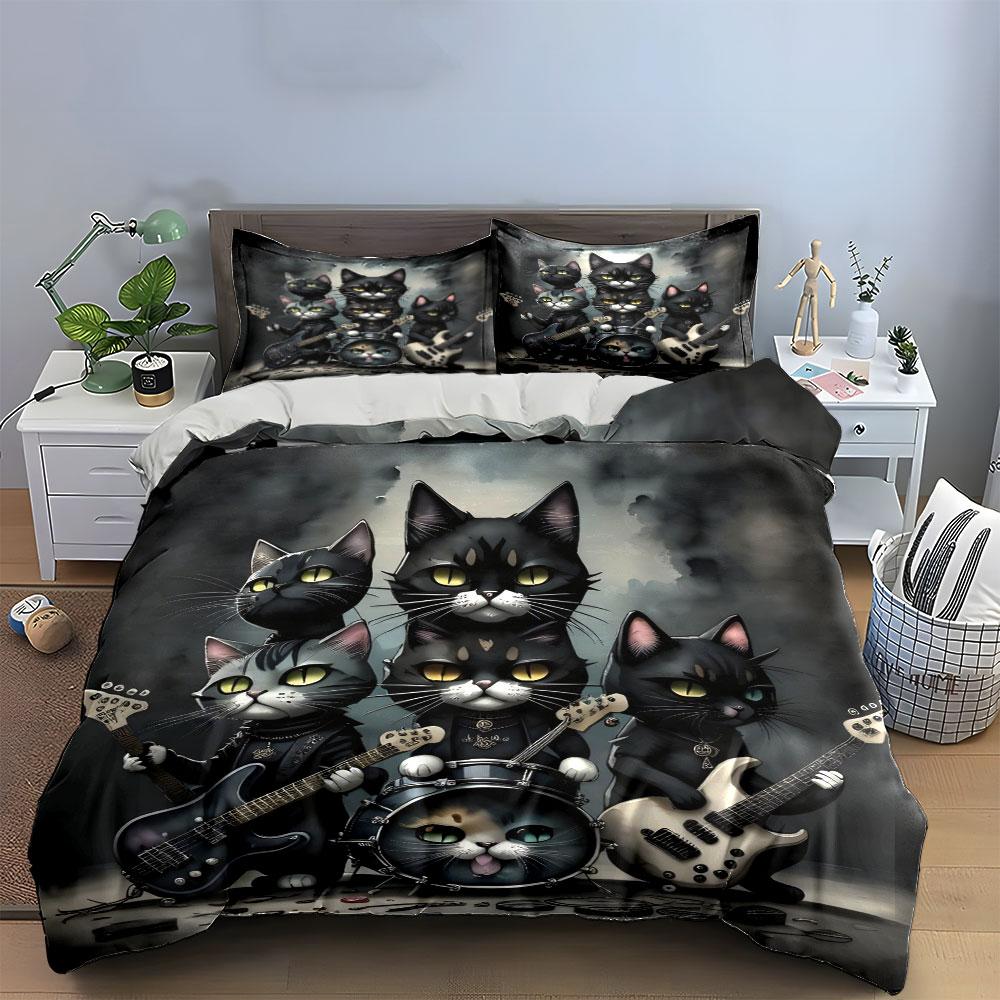 "Rock Band Cat Theme Decor" Bedding Set with 1 Duvet Cover 2 Pillowcases Single Double King Queen, Gift