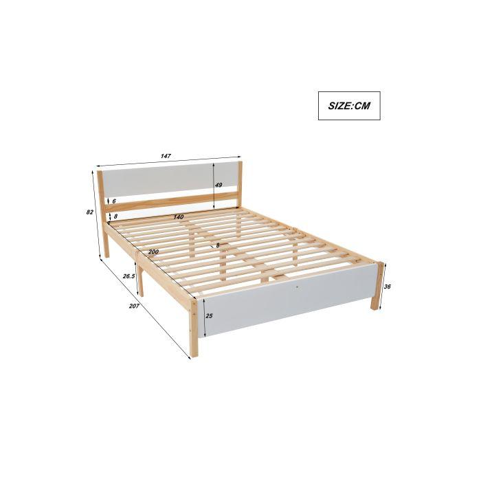 Double Bed - MUVOE - 140x200 Cm - Solid Wood - Headboard and Footboard In MDF - 15 Slatted Bases