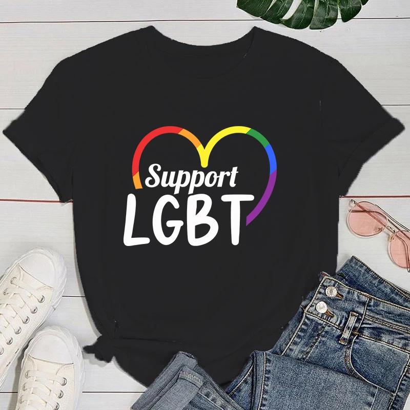 (Premium T-shirt)Support Lgbt Print T-Shirts For Women Summer Funny Round Neck Short Sleeve Casual T-Shirts