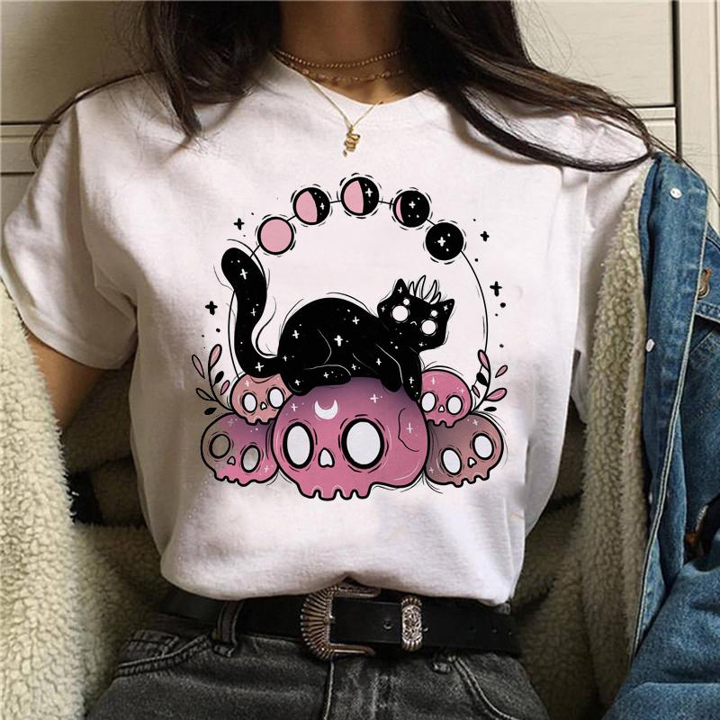 Women Anime Print T-Shirt Grunge Loose Steampunk Tees Gothic Female Harajuku Summer Clothing E-Girl Kawaii Aesthetic Top