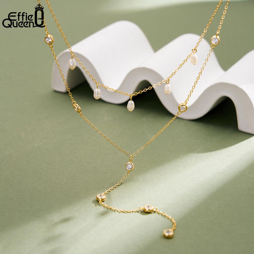 EFFIE QUEEN Fashion 925 Pure Silver 5A Cubic Zircon Y Shape Chain Necklace Party Sexy Y Long Pearls Necklace Jewelry Gift BQN31