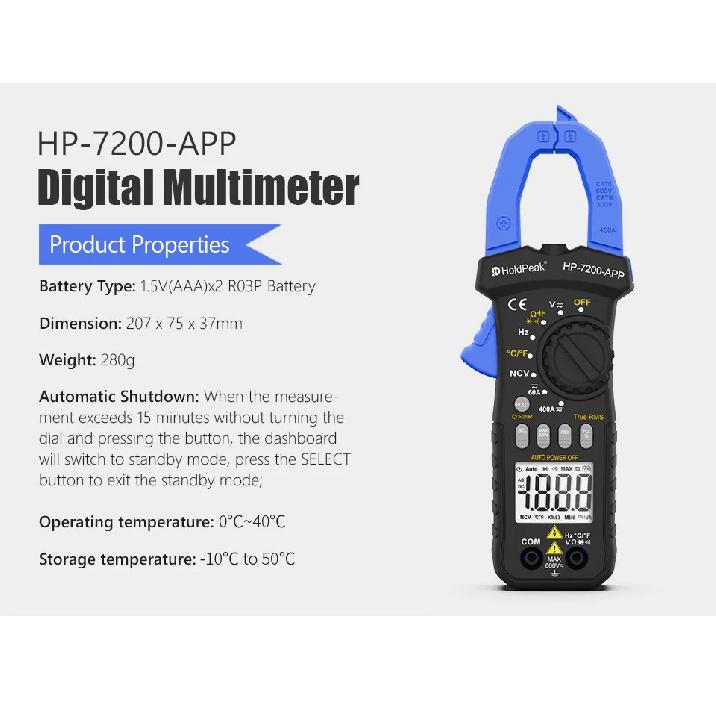 HP-7200-APP Bluetooth Clamp Meter, TRMS 6000 Counts Digital Multimeter, Non-contact AC DC Voltage Current Resistance Tester