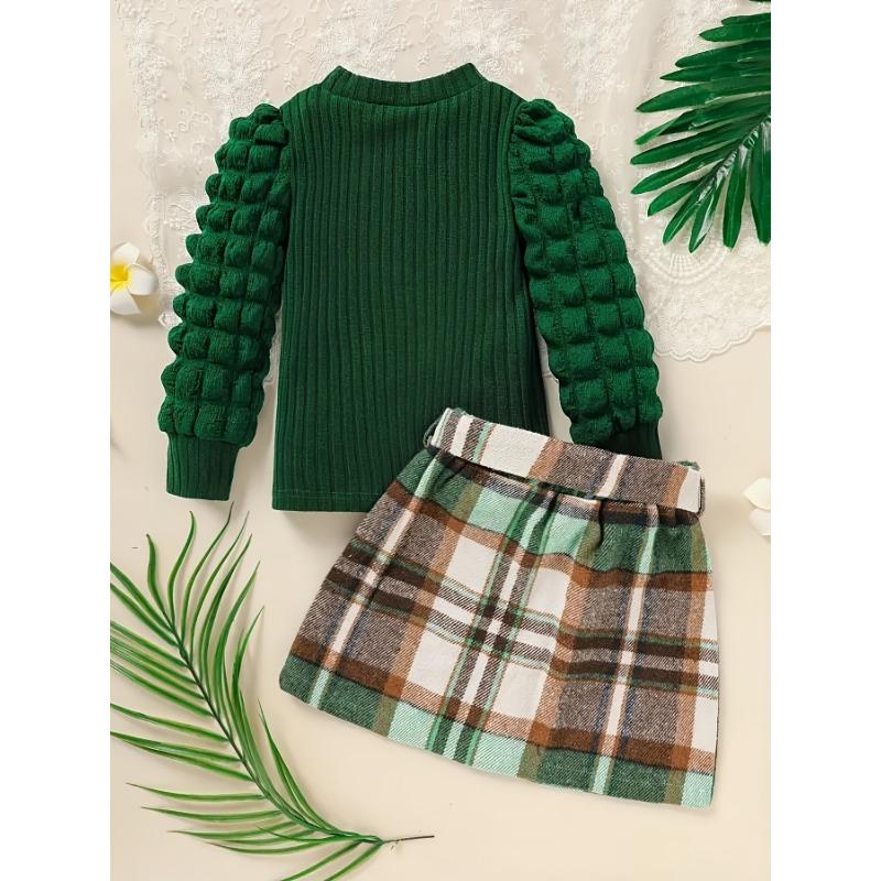 

Весенне-осенний модный комплект для молодой девушки: зеленый топ с длинным рукавом и повседневная элегантная клетчатая юбка, включая платье миди на пуговицах с поясом. 110cm темно-зеленого
