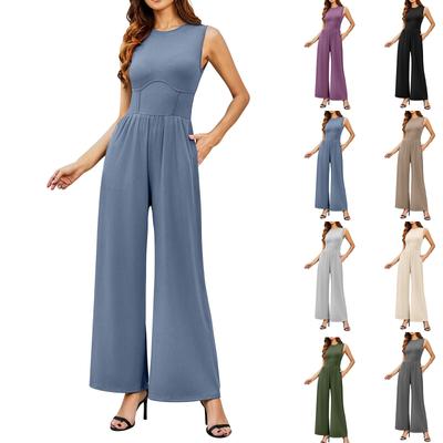 Womens Solid Sleeveless Wide Leg Jumpsuit Sleeveless Wide Leg Overalls High Waist Women'S Jumpsuits