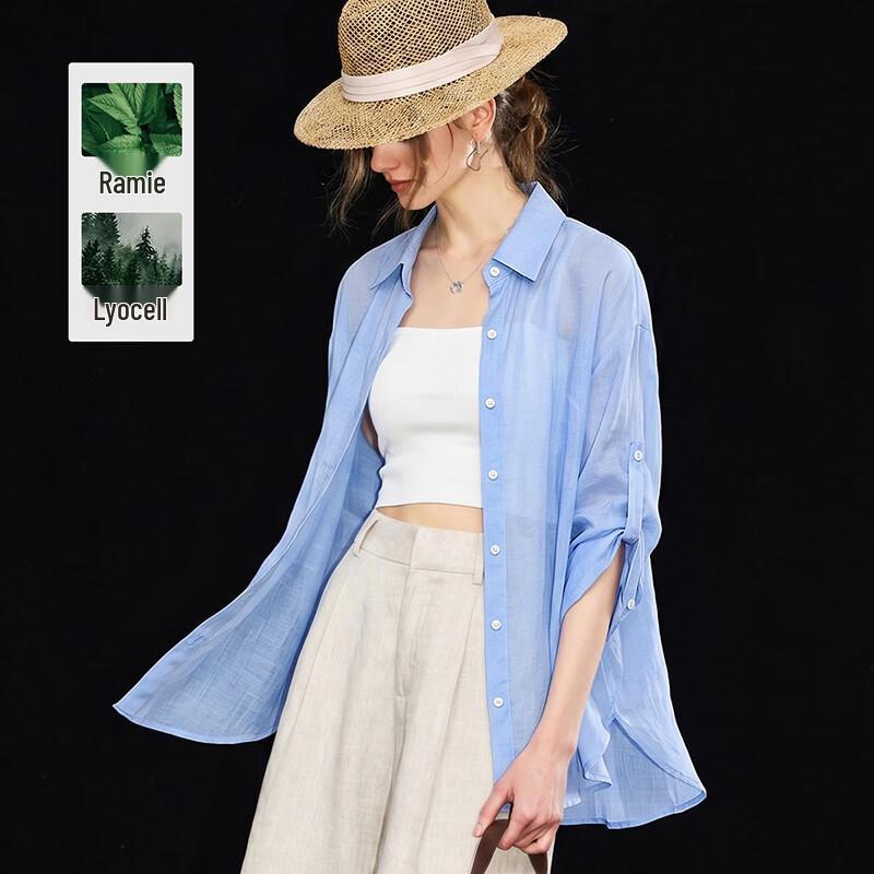 Women s Loose Fit Ramie Lyocell Sun Protection Roll-Sleeve Shirt L