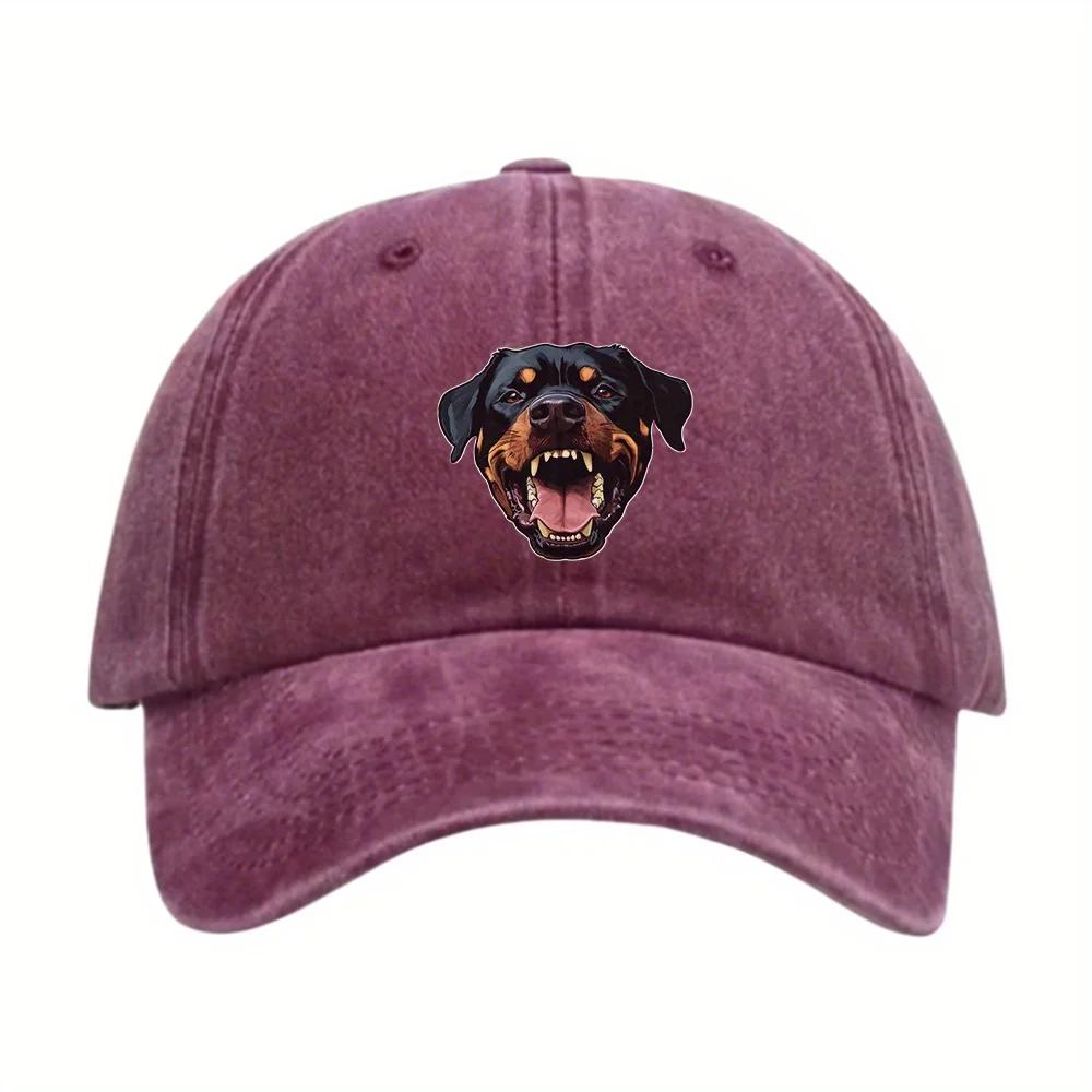 

1pc Rottweiler Dog Head Baseball Cap - Fierce Open-Mouth Graphic, 100% Denim, Adjustable Vintage Washed Adjustable