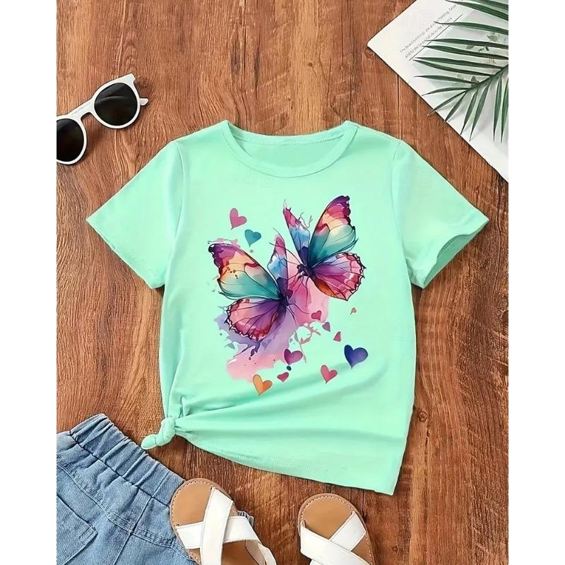 Girls' 3D Butterfly T shirt Tee Short Sleeve Summer Spring Fashion Basic Kids 4-12 Years