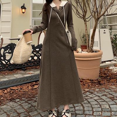 Frühlings-Damen Neues Kapuzen-Taillen-Slim A-Linien Langarmkleid