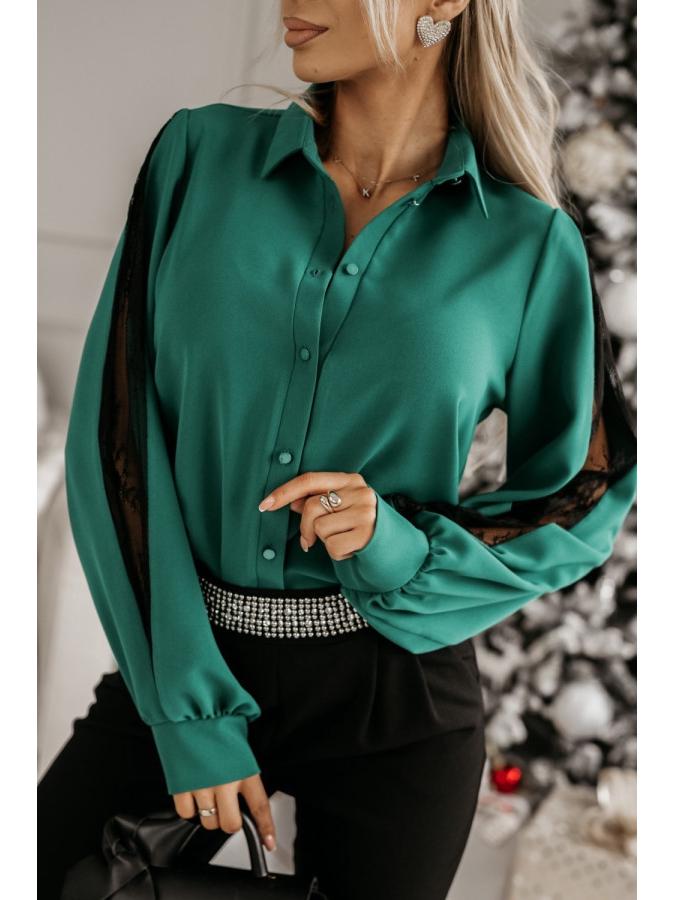 2025 Spring Women's Long-Sleeve Lace Patchwork Blouse with Turn-Down Collar