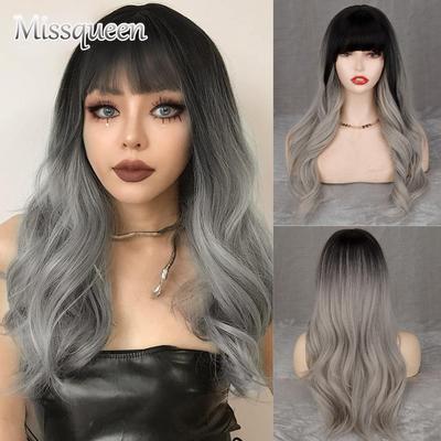 Ombre-Perücke, lang, Ombré-Grau, mit Pony, Kunstfaser, gewellt, für Frauen, tägliche Party
