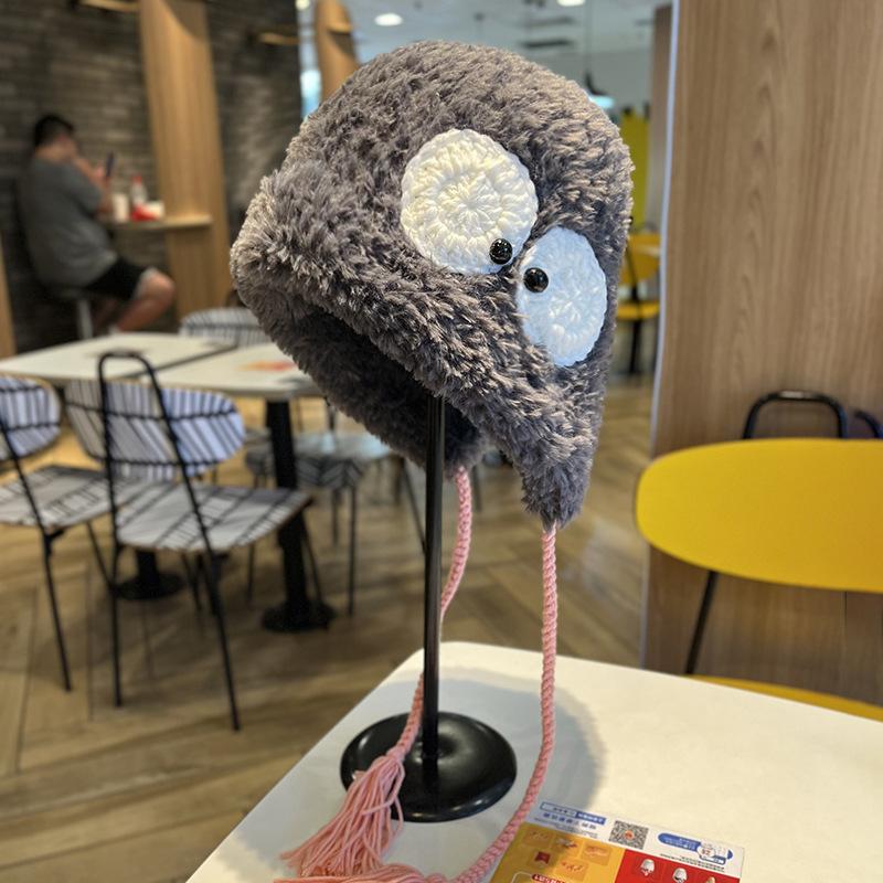 

Осень и Зима Новый Стиль Японская Забавная Шапка из Шерсти с Большими Глазами для Женщин Защита от Холода и Тепла Защита Ушей Вязаная Шапка