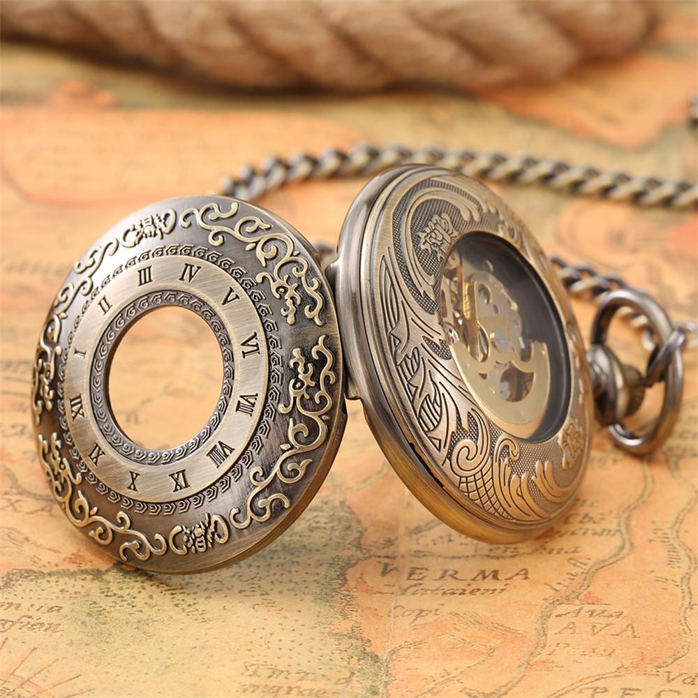 Roman Numerals Mechanical Self-Wind Pocket Watch Male Vintage Bronze Half Hunter FOB Chain Automatic Pocket Pendant Timepiece